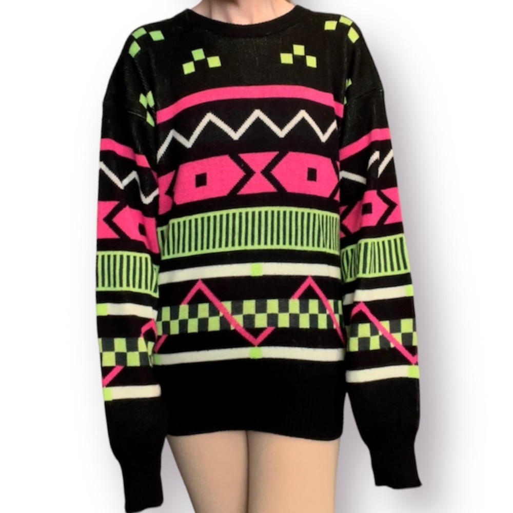 head sportswear vintage neon geometric oversized ugly sweater wool blend m